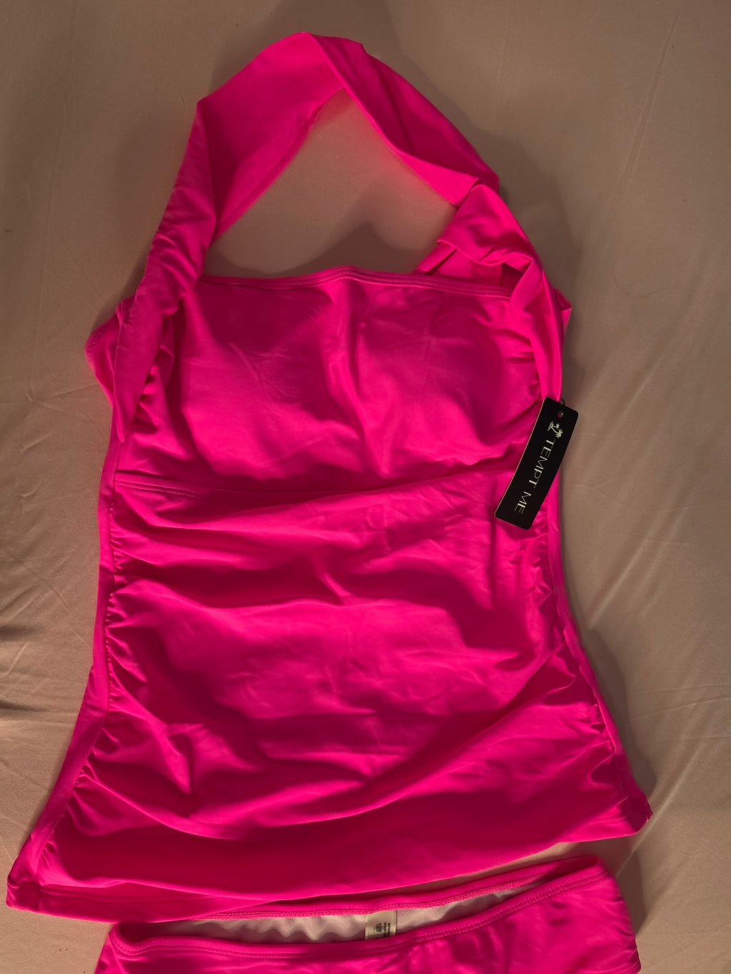 Elegant Shorts Swimsuit Ruched One Shoulder Tankini-Neon Pink