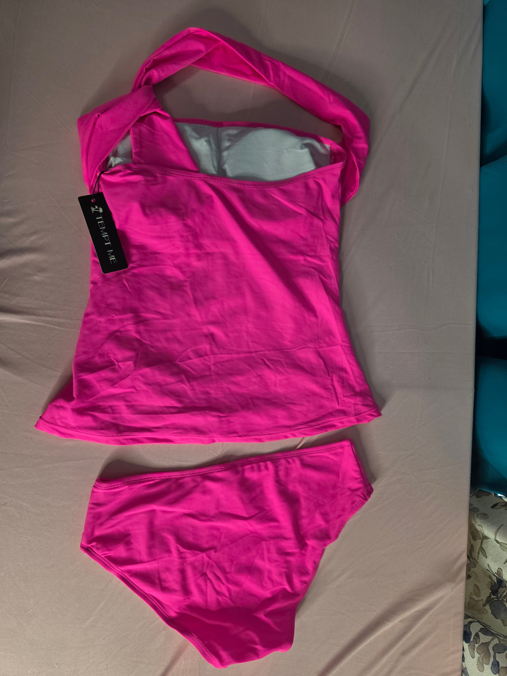 Elegant Shorts Swimsuit Ruched One Shoulder Tankini-Neon Pink