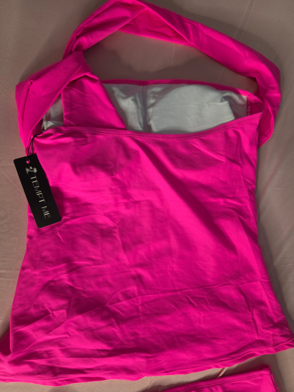 Elegant Shorts Swimsuit Ruched One Shoulder Tankini-Neon Pink
