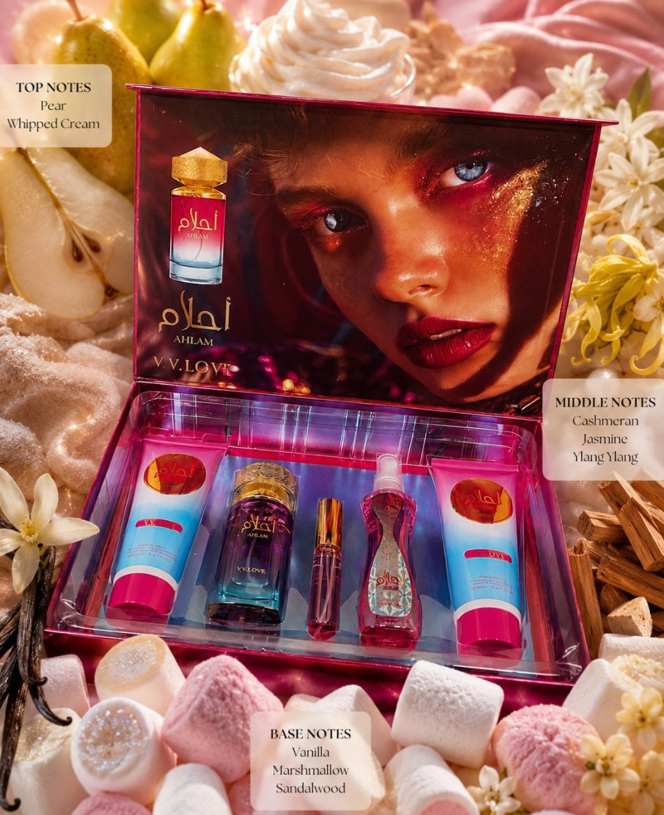 V.V.LOVE AHLAM 5-Piece Gift Set - Perfume, Body Lotion, Shower Gel, Body Mist, Travel Spray